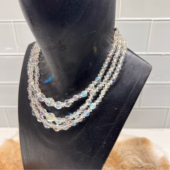 Vintage 1950’s Aurora Borealis Beaded Necklace Crystal Glass Faceted Tri-Strand - Picture 5 of 10